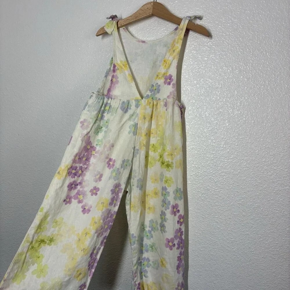 Zara Spain Jumpsuit Girls 5 Yellow Floral Linen Blend Tie Strap Summer One Piece